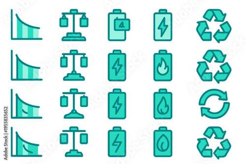 Battery icons showing different states and actions related to energy management and recycling in a simple layout