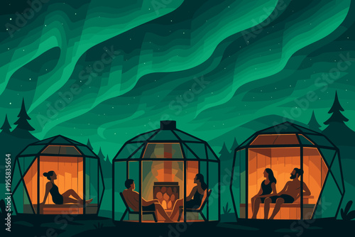 People relax in glass cabins under the northern lights near trees during the night