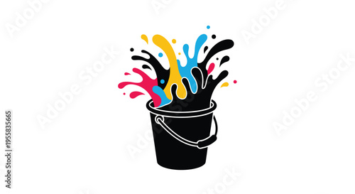 Colorful paint splashes erupting from a black bucket silhouette