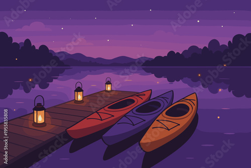 Kayaks rest on a dock by a lake under a night sky filled with stars and lantern light