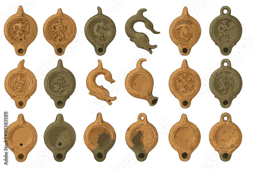 Collection of ancient oil lamps displayed on a flat surface showing various designs and shapes from a historical period
