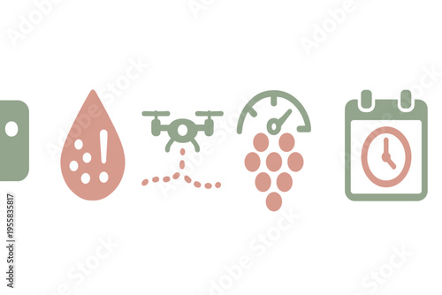 Icons representing various stages of vineyard management and agricultural technology in the context of grape production
