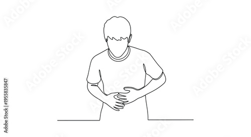 One continuous line drawing of a man clutching his stomach silhouette