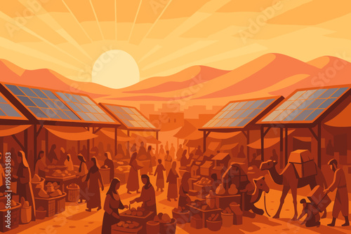 Marketplace at sunset with merchants, shoppers, and a camel in a desert region