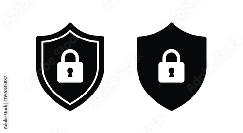 Two black shield icons with padlocks simple graphic silhouette