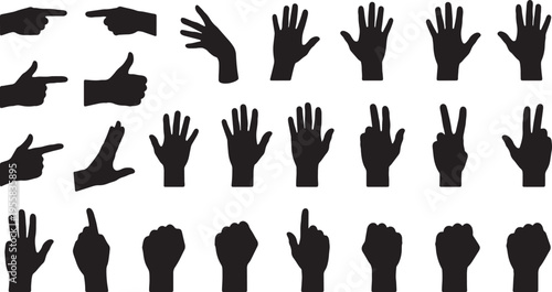 Collection of various hand gestures and finger signals in black silhouettes