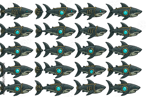 Shark designs with glowing features displayed in a neat grid pattern featuring various styles and colors