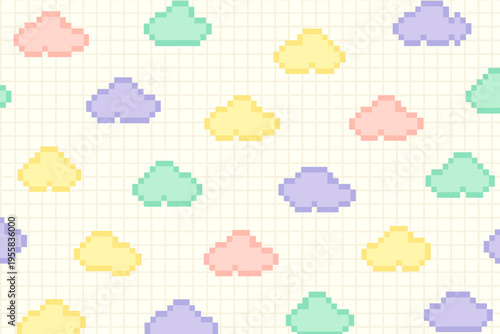 Colorful clouds float in a pixel pattern on a light background with a grid design