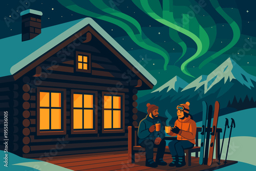 Couple enjoys hot drinks outside log cabin under northern lights after skiing in winter landscape