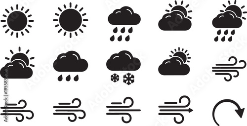 Comprehensive collection of weather condition icons depicting various atmospheric phenomena