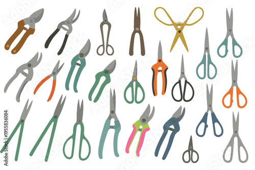 Various types of scissors and garden tools displayed on a white background for craft and gardening use