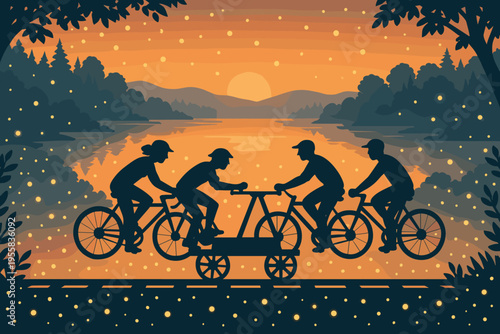 People riding bicycles at sunset by a lake with trees and lights in the background