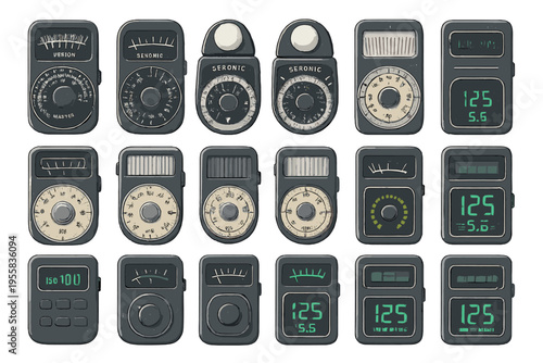 Collectible vintage camera meters displayed in a grid layout showing different readings and designs for photography enthusiasts