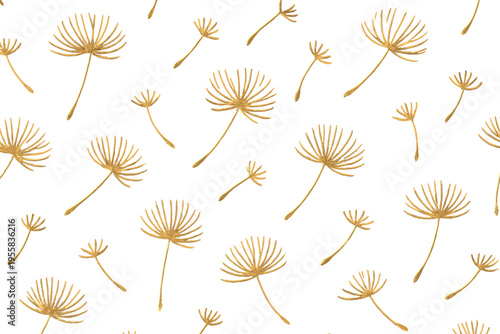 Pattern of hand-drawn dandelion seeds on a white background in a repeating design suitable for various uses