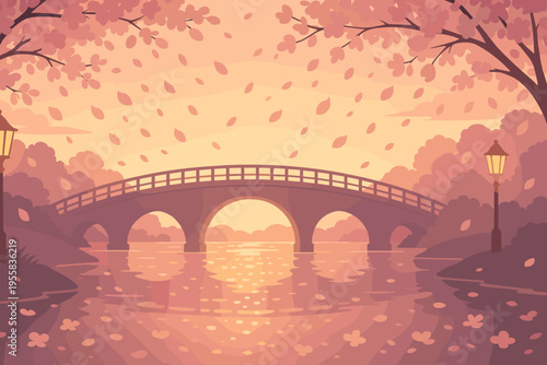 Sunset view over a bridge with trees and lights near a pond during autumn season