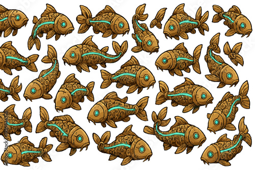Many fish swim together in a colorful pattern with different designs and shapes on a white background