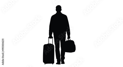 A traveler with luggage walks forward captured as a bold silhouette