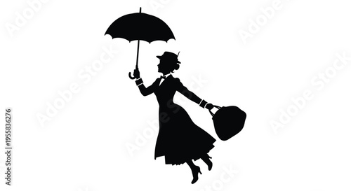 A woman with an umbrella floats depicted in black silhouette