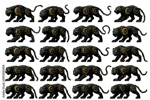 Black panther figures arranged in rows with golden designs on the body showing various poses and positions
