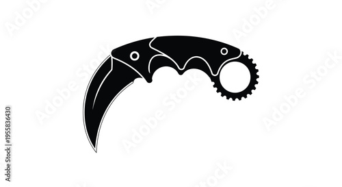 A curved blade karambit knife design in stark black silhouette