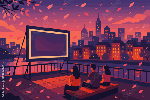 People watch a movie on a screen during sunset near a city skyline with trees and leaves in the evening