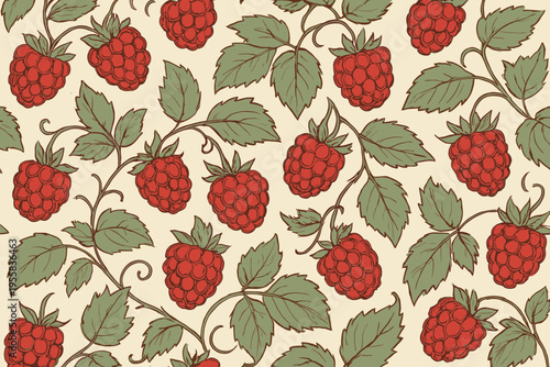 Raspberries growing on branches in a simple pattern against a light background