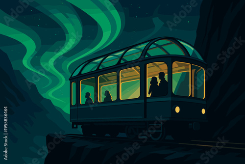 People travel in a train car while viewing colorful northern lights in the night sky over mountains