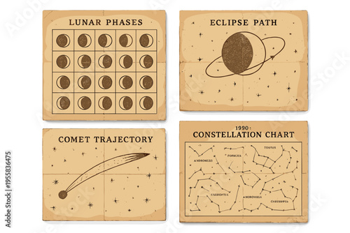 Useful charts show lunar phases, eclipse path, comet trajectory, and constellation patterns from 1990