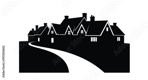 Elegant manor house with curved driveway a striking black silhouette