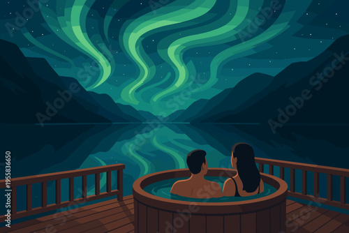 Couple enjoys hot tub under northern lights near mountains and lake at night in winter