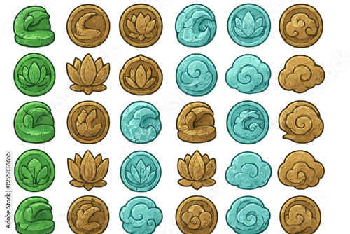 Colorful round stones with designs of water, waves, and flowers arranged in a grid pattern on a white background