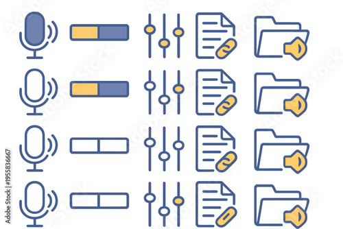 Icons for audio recording, editing, mixing, and file management displayed on a digital interface showing different stages of audio work