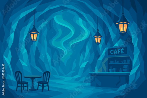 Cozy cafe located inside a cave with blue light and simple furniture creating a unique atmosphere for visitors to enjoy drinks