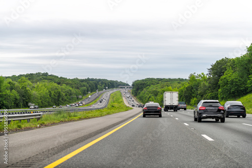 Toll road and freeway at Northern Virginia interstate highway road i-95 near Stafford with many cars in traffic urban congestion