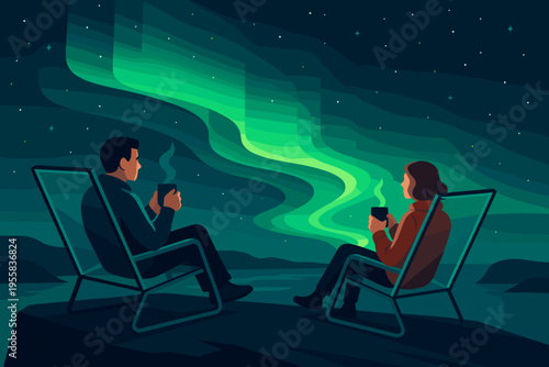 Couple enjoys drinks and northern lights in chairs by a calm lake at night