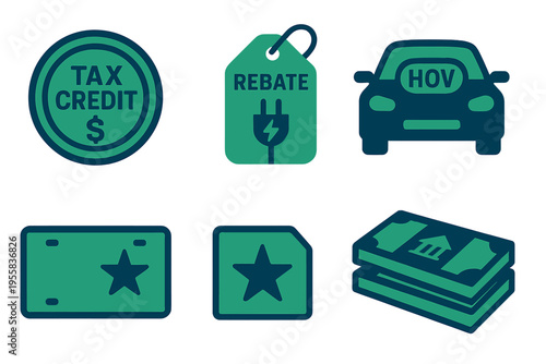 Green tax credit and rebate symbols with electric vehicle icons showing benefits for eco-friendly transportation choices