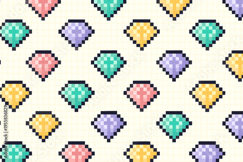 Colorful pixel diamonds arranged in a repeated pattern on a light background during daytime