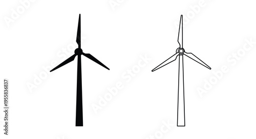 Two wind turbines depicted in a minimalist black and white silhouette