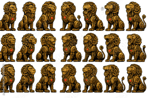 Different poses of robotic lions in a creative design showing various expressions and stances with a focus on technology and art