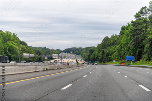 Toll road and freeway at Northern Virginia interstate highway road i-95 near Fredericksburg with many cars in traffic urban congestion