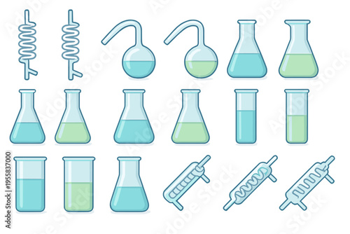 Collection of laboratory glassware with liquids during a science experiment in a lab setting