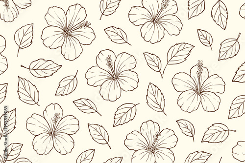 Hibiscus flowers and leaves arranged in a repeating pattern on a light background for design purposes