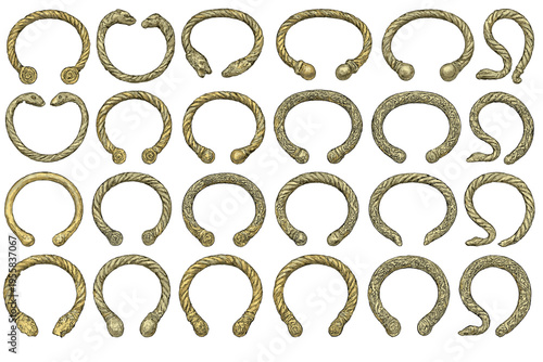 Collection of ancient metal rings displayed in a grid, showing various designs and shapes, likely from a historical site or museum