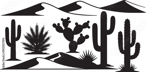 Desert landscape with iconic cacti and a traditional roofed structure under mountains