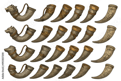 Various drinking horns in different designs and styles