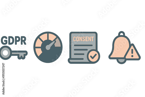 Symbols representing data privacy, consent, and alerts in the context of GDPR regulations and compliance efforts in digital spaces