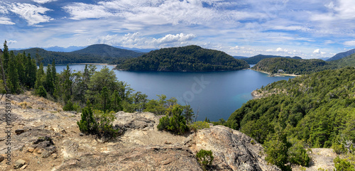 Panoramic view of Bahia Lopez and Nahuel Huapi lake at Nahuel Huapi national park, circuito chico, Bariloche, Patagonia, Argentina