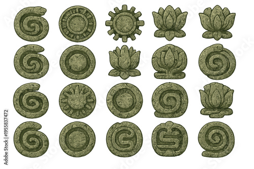 Various green tokens with different symbols arranged in a grid pattern on a white background