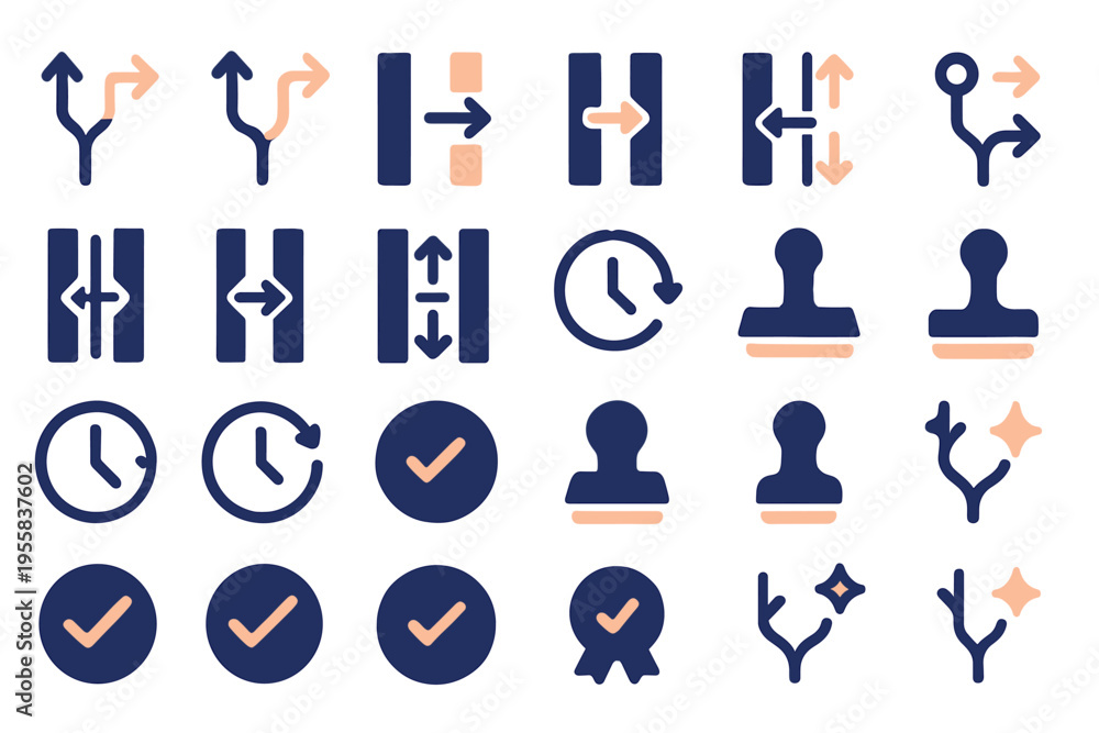 Fototapeta premium Icons representing various concepts like time, verification, and transitions in a simple design