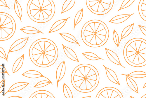 Citrus pattern with orange slices and leaves on a white background for decorative use, available in various design projects